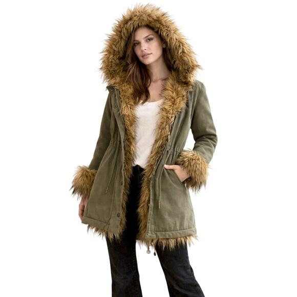 American Vintage Jackets & Blazers - Vintage Olive Green Faux Fur Parka Coat Y2K Boho Festival Jacket Street Style